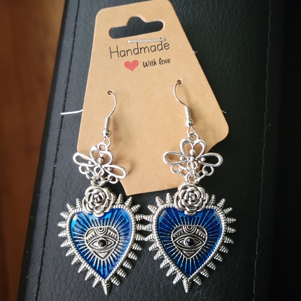 Spiked Blue Heart Eye Rose Handmade Earrings Punk Goth Emo Dangle Gothic - Picture 6 of 13